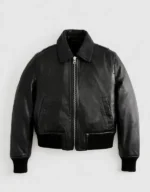 Women's Black Cropped Leather Bomber Jacket - side view