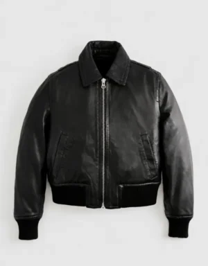 Women's Black Cropped Leather Bomber Jacket - side view
