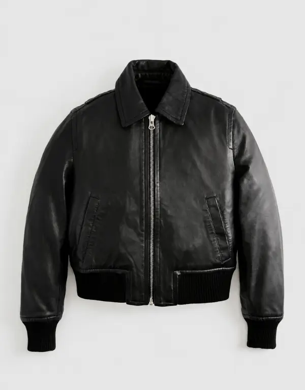 Women's Black Cropped Leather Bomber Jacket - side view