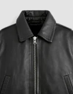 Women's Black Cropped Leather Bomber Jacket - back view