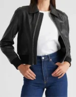 Women's Black Cropped Leather Bomber Jacket - detail view