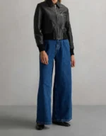 Women's Black Cropped Leather Bomber Jacket - product image