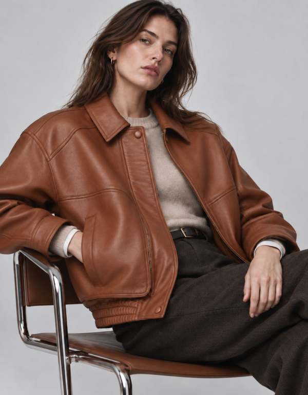 Women's Brown Oversized Leather Jacket Front View