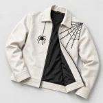 Men's White Spider Web Leather Jacket Front Close Flat View