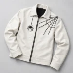 Men's White Spider Web Leather Jacket Front Flat View
