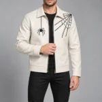 Men's White Spider Web Leather Jacket Front Open