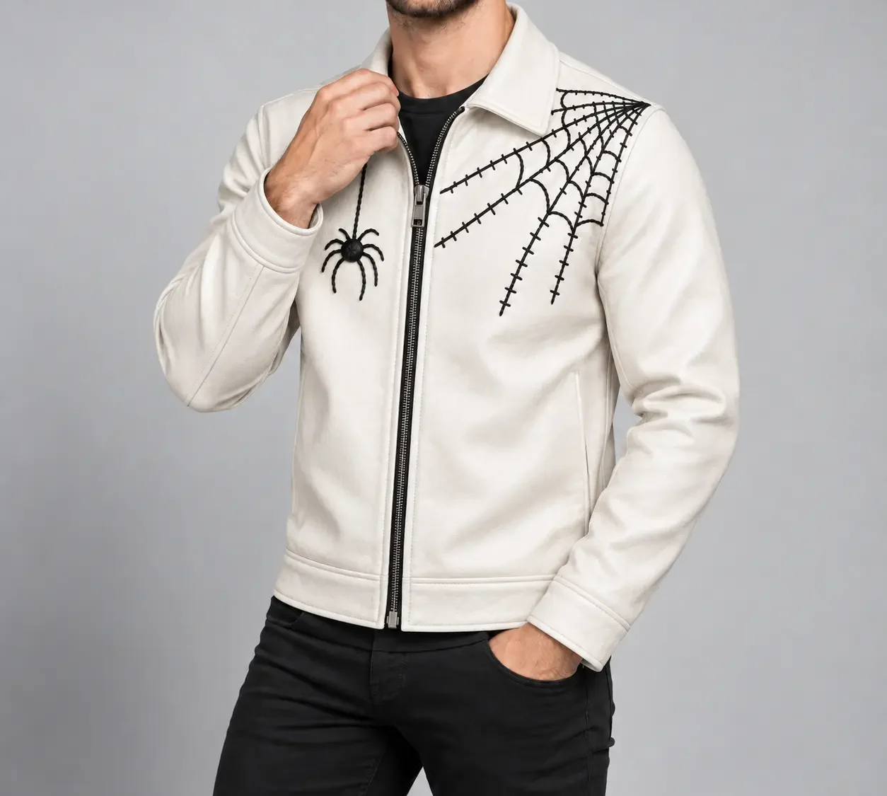 Men's White Spider Web Leather Jacket Front Pose