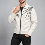 Men's White Spider Web Leather Jacket Front Pose