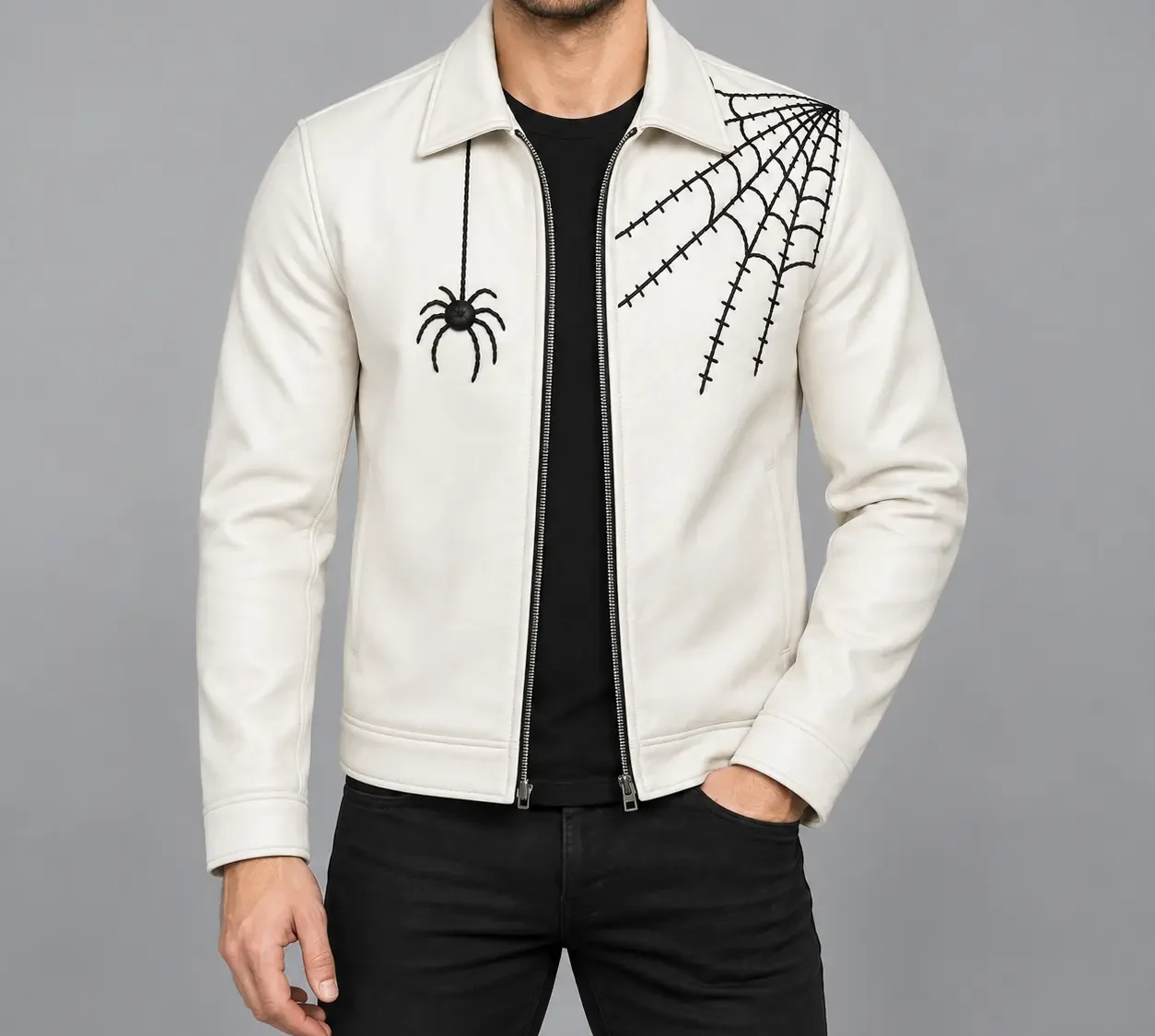 Men's White Spider Web Leather Jacket Front View