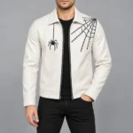 Men's White Spider Web Leather Jacket Front View