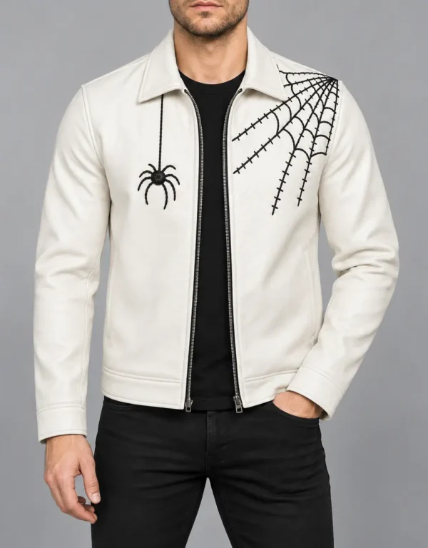 Men's White Spider Web Leather Jacket Front View